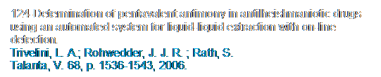 Caixa de texto: 124-Determination of pentavalent antimony in antilheishmaniotic drugs using an automated system for liquid-liquid extraction with on-line detection. 
Trivelini, L. A.; Rohwedder, J. J. R. ; Rath, S.
Talanta, V. 68, p. 1536-1543, 2006.
