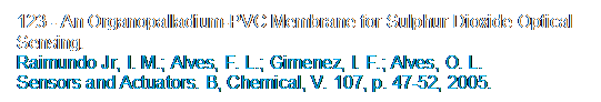 Caixa de texto: 123 - An Organopalladium-PVC Membrane for Sulphur Dioxide Optical Sensing. 
Raimundo Jr, I. M.; Alves, F. L.; Gimenez, I. F.; Alves, O. L. 
Sensors and Actuators. B, Chemical, V. 107, p. 47-52, 2005.
