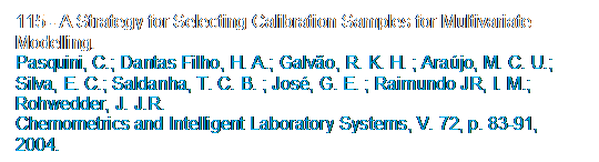 Caixa de texto: 115 - A Strategy for Selecting Calibration Samples for Multivariate Modelling. 
Pasquini, C.; Dantas Filho, H. A.; Galvo, R. K. H. ; Arajo, M. C. U.; Silva, E. C.; Saldanha, T. C. B. ; Jos, G. E. ; Raimundo JR, I. M.; Rohwedder, J. J.R. 
Chemometrics and Intelligent Laboratory Systems, V. 72, p. 83-91, 2004.
