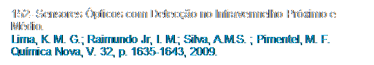 Caixa de texto: 152- Sensores pticos com Deteco no Infravermelho Prximo e Mdio.
Lima, K. M. G.; Raimundo Jr, I. M.; Silva, A.M.S. ; Pimentel, M. F. Qumica Nova, V. 32, p. 1635-1643, 2009.
